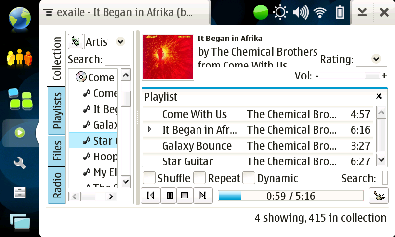 Exaile on N800 (OS2008) screenshot
